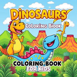 A vibrant and engaging cover design for a 'Dinosaurs Coloring Book for Kids', featuring a variety of friendly and cartoonish dinosaurs in playful, fun settings