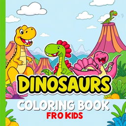 A vibrant and engaging cover design for a 'Dinosaurs Coloring Book for Kids', featuring a variety of friendly and cartoonish dinosaurs in playful, fun settings