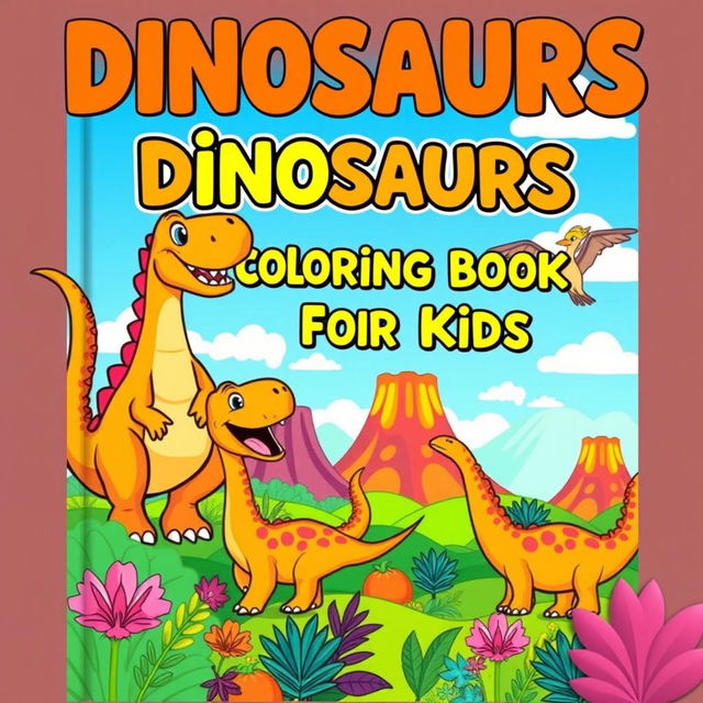 A vibrant and engaging cover design for a 'Dinosaurs Coloring Book for Kids', featuring a variety of friendly and cartoonish dinosaurs in playful, fun settings