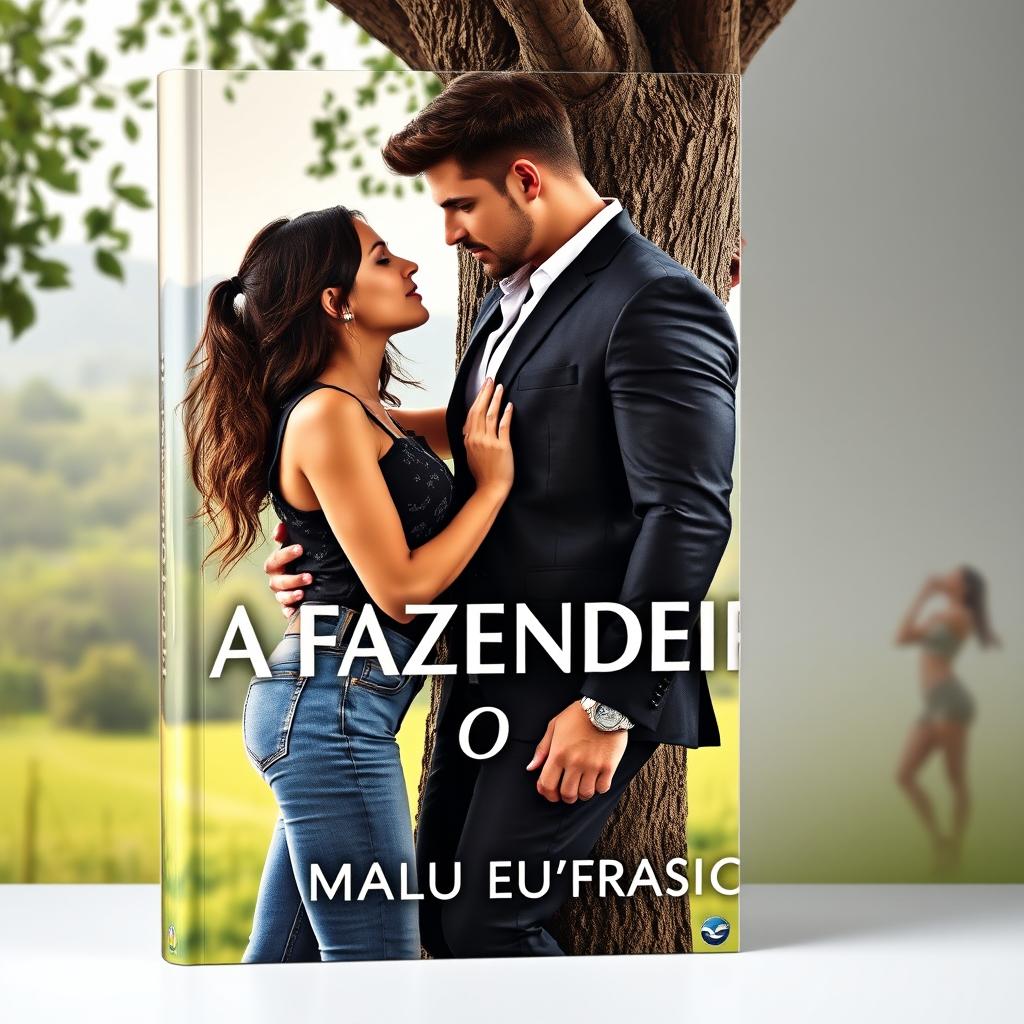 A romantic book cover for the title 'A FAZENDEIRA E O CEO', featuring a beautiful young woman wearing denim jeans and a handsome muscular man dressed in a tailored suit