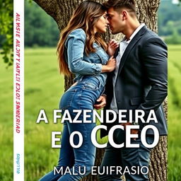 A romantic book cover for the title 'A FAZENDEIRA E O CEO', featuring a beautiful young woman wearing denim jeans and a handsome muscular man dressed in a tailored suit
