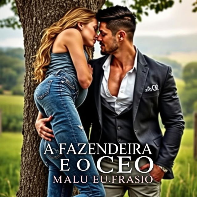 A romantic book cover for the title 'A FAZENDEIRA E O CEO', featuring a beautiful young woman wearing denim jeans and a handsome muscular man dressed in a tailored suit