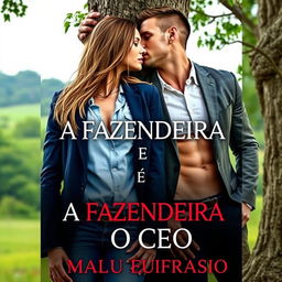 A romantic book cover for the title 'A FAZENDEIRA E O CEO', featuring a beautiful young woman wearing denim jeans and a handsome muscular man dressed in a tailored suit