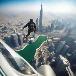 A thrilling image of a fearless individual performing a backflip on the edge of the world's tallest building, the cityscape sprawling below them