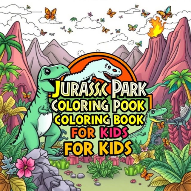 An exciting and adventurous cover design for a 'Jurassic Park Coloring Book for Kids', featuring a variety of dinosaurs and elements inspired by a prehistoric theme