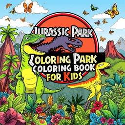 An exciting and adventurous cover design for a 'Jurassic Park Coloring Book for Kids', featuring a variety of dinosaurs and elements inspired by a prehistoric theme