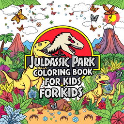An exciting and adventurous cover design for a 'Jurassic Park Coloring Book for Kids', featuring a variety of dinosaurs and elements inspired by a prehistoric theme