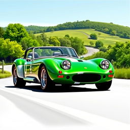 A detailed automotive illustration of a classic Lotus Seven sports car, capturing its sleek, lightweight design and iconic shape