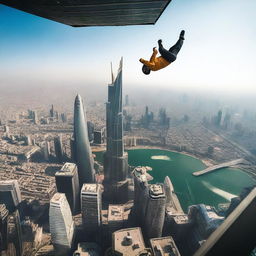 A thrilling image of a fearless individual performing a backflip on the edge of the world's tallest building, the cityscape sprawling below them