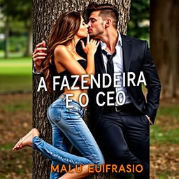 A sensual book cover for a romance novel titled "A FAZENDEIRA E O CEO" featuring a beautiful young woman in jeans and a handsome muscular man dressed in a suit