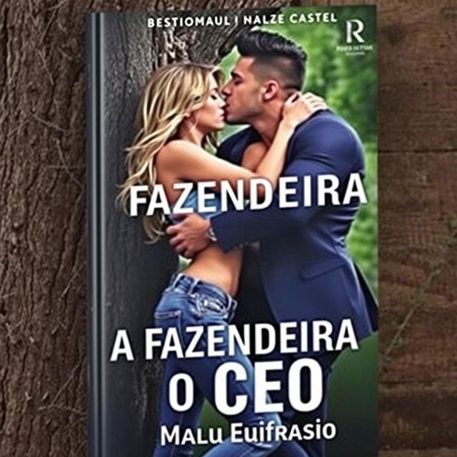 A sensual book cover for a romance novel titled "A FAZENDEIRA E O CEO" featuring a beautiful young woman in jeans and a handsome muscular man dressed in a suit