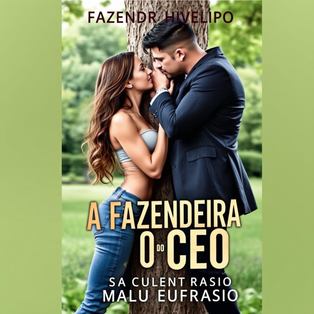 A sensual book cover for a romance novel titled "A FAZENDEIRA E O CEO" featuring a beautiful young woman in jeans and a handsome muscular man dressed in a suit