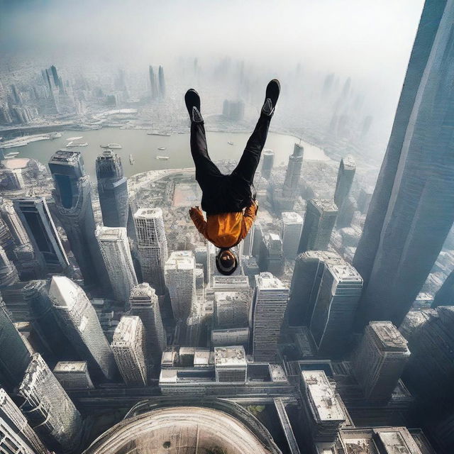 A thrilling image of a fearless individual performing a backflip on the edge of the world's tallest building, the cityscape sprawling below them