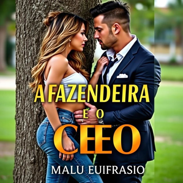 A romantic book cover titled 'A FAZENDEIRA E O CEO', featuring a stunning young woman dressed in stylish jeans, and a handsome muscular man in a sharp suit