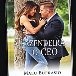A romantic book cover titled 'A FAZENDEIRA E O CEO', featuring a stunning young woman dressed in stylish jeans, and a handsome muscular man in a sharp suit