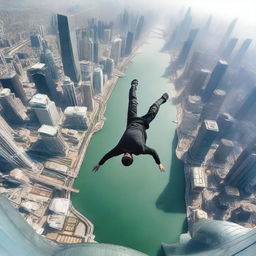 A thrilling image of a fearless individual performing a backflip on the edge of the world's tallest building, the cityscape sprawling below them