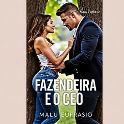 A romantic book cover titled 'A FAZENDEIRA E O CEO', featuring a stunning young woman dressed in stylish jeans, and a handsome muscular man in a sharp suit