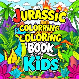 An exciting and colorful cover design for a 'Jurassic Coloring Book for Kids', featuring a lively assortment of friendly dinosaurs in a playful prehistoric setting