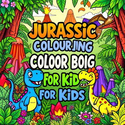 An exciting and colorful cover design for a 'Jurassic Coloring Book for Kids', featuring a lively assortment of friendly dinosaurs in a playful prehistoric setting