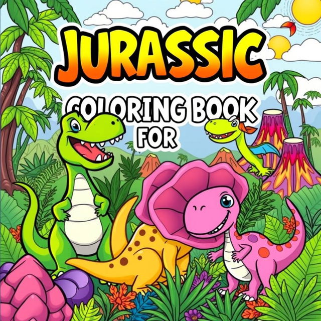 An exciting and colorful cover design for a 'Jurassic Coloring Book for Kids', featuring a lively assortment of friendly dinosaurs in a playful prehistoric setting