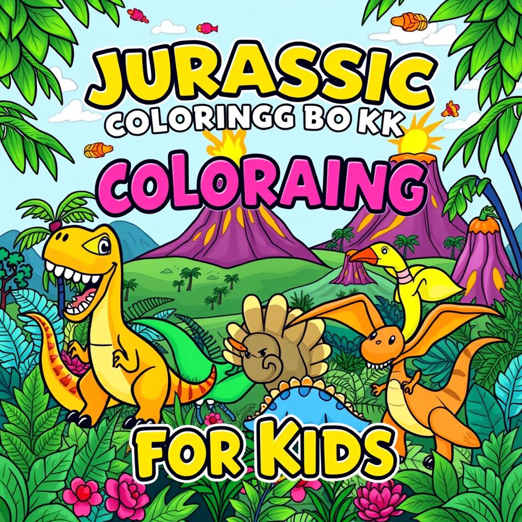 An exciting and colorful cover design for a 'Jurassic Coloring Book for Kids', featuring a lively assortment of friendly dinosaurs in a playful prehistoric setting