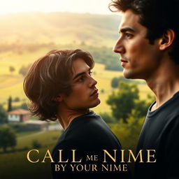 A stylized movie poster for 'Call Me by Your Name' featuring the primary elements of the film's aesthetic