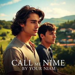 A stylized movie poster for 'Call Me by Your Name' featuring the primary elements of the film's aesthetic