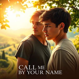 A stylized movie poster for 'Call Me by Your Name' featuring the primary elements of the film's aesthetic