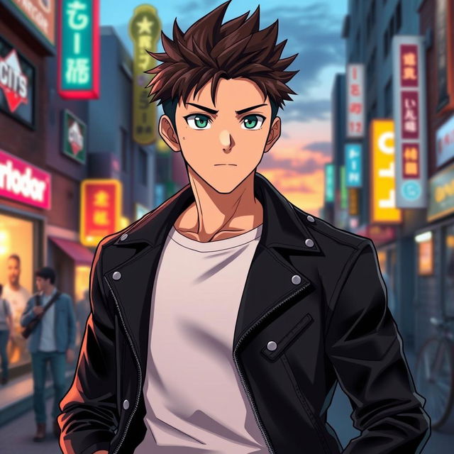 A male anime character aged 36, with short spiky hair and a rugged yet charming appearance