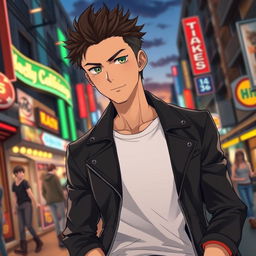 A male anime character aged 36, with short spiky hair and a rugged yet charming appearance
