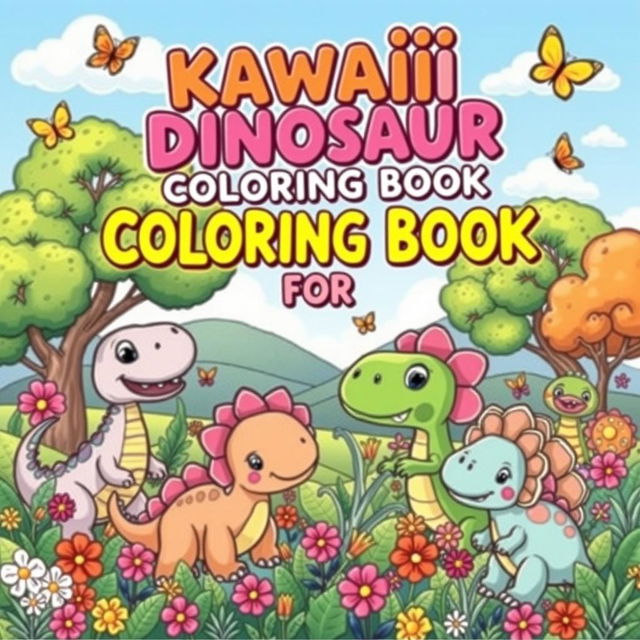 A whimsical and cheerful coloring book cover featuring an assortment of adorable dinosaurs in a vibrant landscape