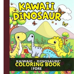 A whimsical and cheerful coloring book cover featuring an assortment of adorable dinosaurs in a vibrant landscape