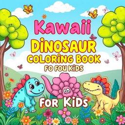 A whimsical and cheerful coloring book cover featuring an assortment of adorable dinosaurs in a vibrant landscape