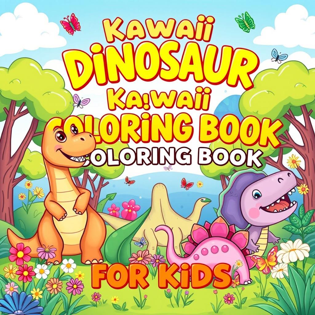 A whimsical and cheerful coloring book cover featuring an assortment of adorable dinosaurs in a vibrant landscape