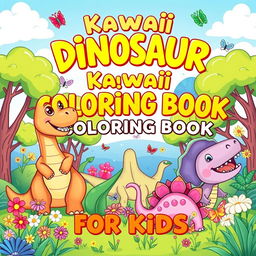 A whimsical and cheerful coloring book cover featuring an assortment of adorable dinosaurs in a vibrant landscape