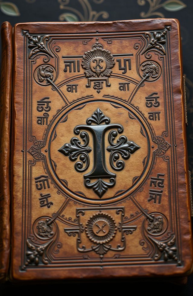 An ancient book with a unique and distinctive design, featuring intricate traditional Sundanese symbols and ancient Sundanese script on its cover