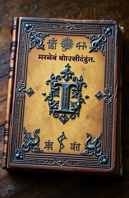 An ancient book with a unique and distinctive design, featuring intricate traditional Sundanese symbols and ancient Sundanese script on its cover