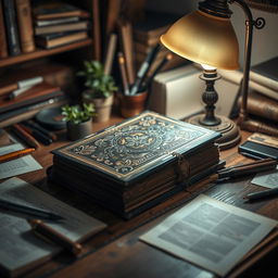 A precious and unusual book resting on a wooden desk, illuminated by the warm glow of a vintage table lamp