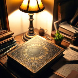 A precious and unusual book resting on a wooden desk, illuminated by the warm glow of a vintage table lamp