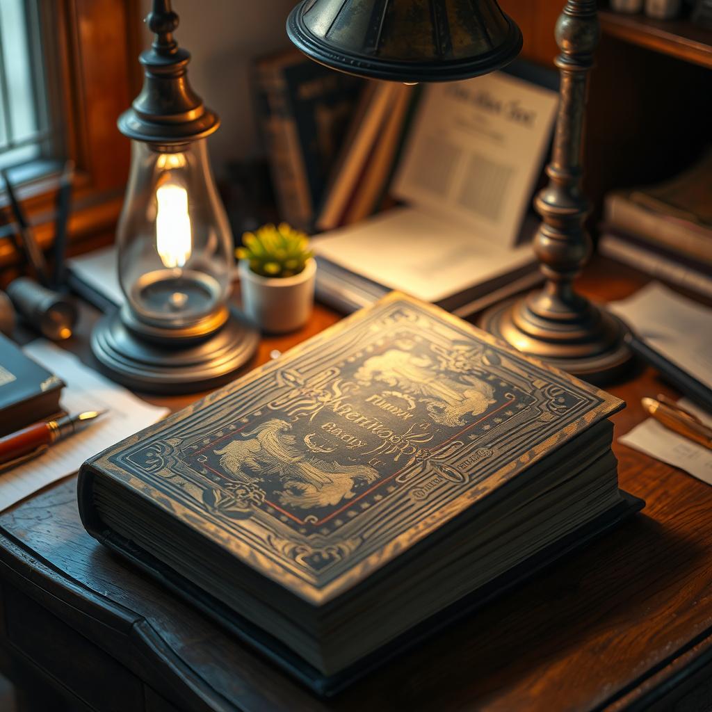 A precious and unusual book resting on a wooden desk, illuminated by the warm glow of a vintage table lamp