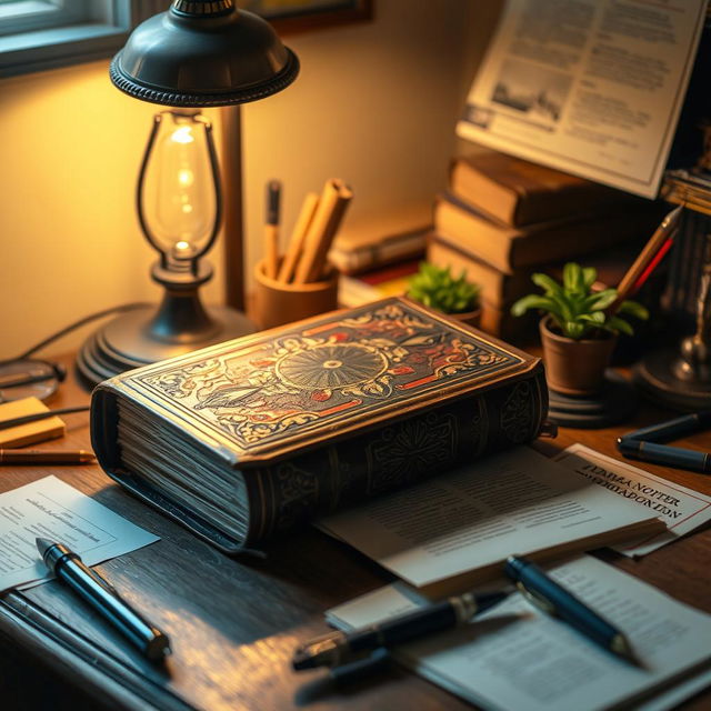 A precious and unusual book resting on a wooden desk, illuminated by the warm glow of a vintage table lamp