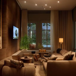 A well-designed living room with no windows, featuring strategically placed warm lights, cozy seating, a large flat-screen TV, and carefully curated decor to create a welcoming space.