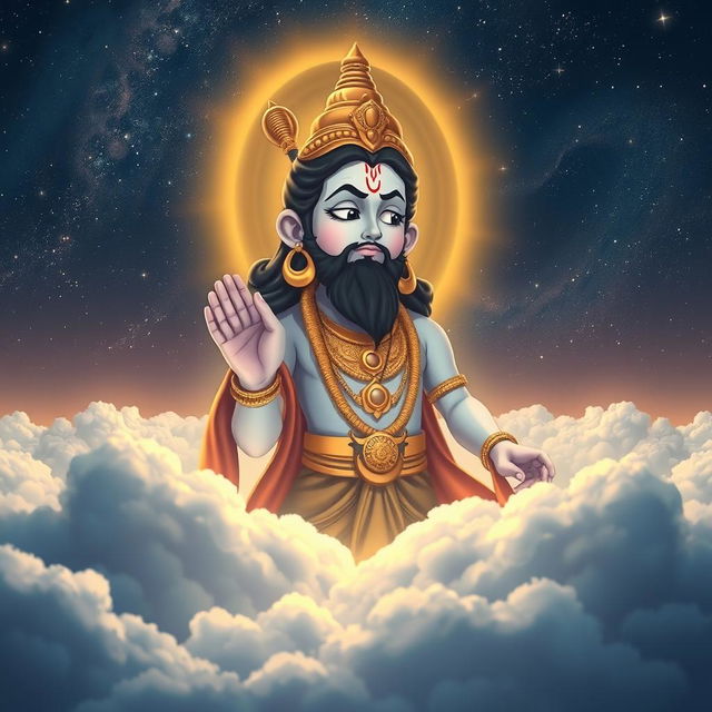 Lord Vishnu depicted above the clouds, gazing down at the world with a concerned expression