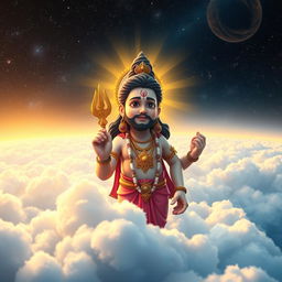 Lord Vishnu depicted above the clouds, gazing down at the world with a concerned expression