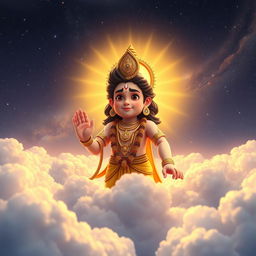 Lord Vishnu depicted above the clouds, gazing down at the world with a concerned expression