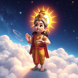 Lord Vishnu depicted above the clouds, gazing down at the world with a concerned expression