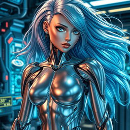 A stunningly attractive female android with a sleek, futuristic design
