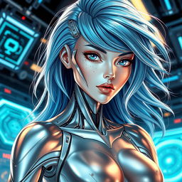 A stunningly attractive female android with a sleek, futuristic design