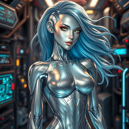 A stunningly attractive female android with a sleek, futuristic design