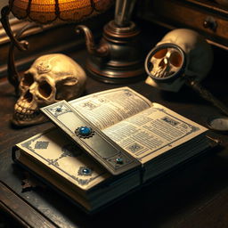 A precious and mysterious book with a cover featuring ivory and lapis lazuli accents, resting on a desk